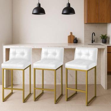 Imagem de Banqueta Cozinha Alta Com Encosto Industrial Kit 3 Dourado Lirina Pu Branco C05 - D`rossi