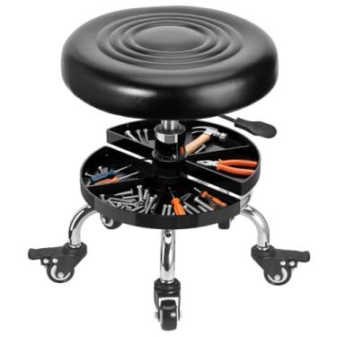 Imagem de FLOLXNB Banco mecânico de garagem com bandeja de armazenamento, bancos de loja com rodinhas de baixa altura, cadeira de assento de mecânico de rolamento ajustável em altura, cadeira de loja de rolos