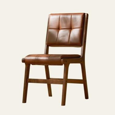 Imagem de Cadeira de jantar de madeira de meados do século com pernas de carvalho sólido e assento de couro estofado - estilo fazenda (marrom)