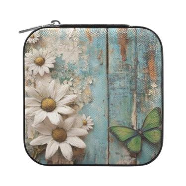 Imagem de Burbuja Caixa de joias de margarida em madeira, mini estojo de joias de viagem para mulheres e meninas, organizador de joias para brincos, anéis, colares e pulseiras