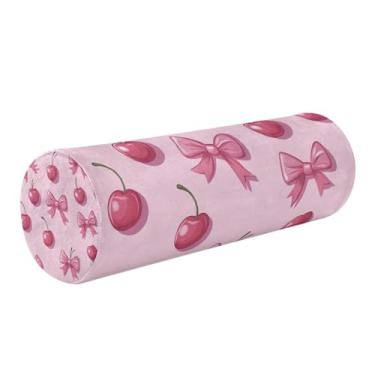 Imagem de Burbuja Almofada redonda com cilindro de cereja Bows para alívio da dor no pescoço, almofada de viagem cervical de espuma viscoelástica com capa lavável removível para cama, cabeça e pernas traseiras