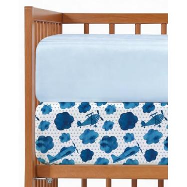 Imagem de Pacote com 2 lençóis de berço com elástico – Pacote N Play para colchão – Roupa de cama macia para meninos e meninas – Sem desbotamento e rugas – Oeko-Tex – 96,5 x 61 cm, plane Sky