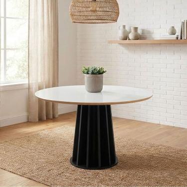 Imagem de Mesa de Jantar Redonda 4 Lugares 105cm X 105cm com Tampo Chanfrado e Base Ripada em Mdf Off White / Preto Fosco