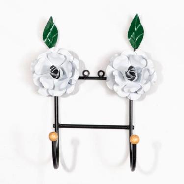 Imagem de Cabideiro de Parede Artesanal 2 Ganchos 2 Flores Branca - Full Economi