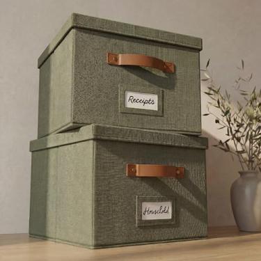 Imagem de ZICOTO Conjunto de 2 caixas decorativas organizadoras de arquivos - Armários dobráveis de linho com alças são perfeitos para armazenar todos os seus documentos e pastas de arquivos suspensas - Caixas