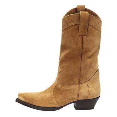 Imagem de YIYA Western Suede Cowboy Bota feminina clássica bico fino cowgirl bota feminina cano médio para mulheres, Marrom, 38