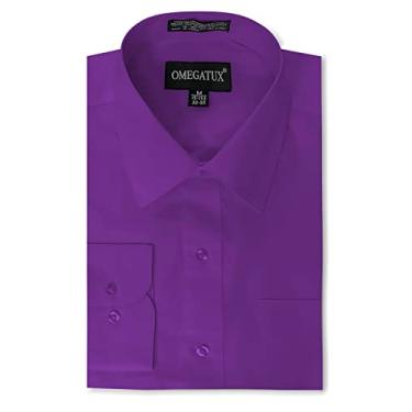 Imagem de OmegaTux Camisas sociais masculinas de cor lisa de manga comprida, Roxo, S(14-14.5") 32-33" Sleeve