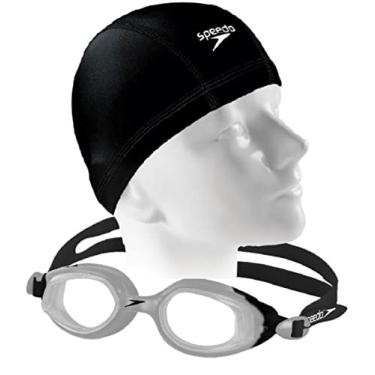 Imagem de Kit Natação Speedo Óculos Smart + Touca Xtrafit Tecido Resistente e Confortável (Óculos Prata + Touca Preta)