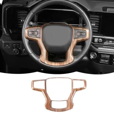 Imagem de Acessórios interiores de decoração de moldura de cobertura de volante compatíveis com Chevrolet Silverado 2019-2023, para Chevrolet Tahoe 2021-2023, para SUV suburbano 2020-2023, grão de madeira
