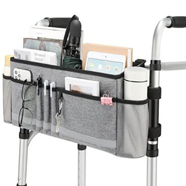 Imagem de EXLIFBAG Bolsa grande para andador com suporte para copo, acessório dobrável para andador, cesta de armazenamento mãos livres, bolsa de acessórios para auxiliar de mobilidade para idosos (cinza)