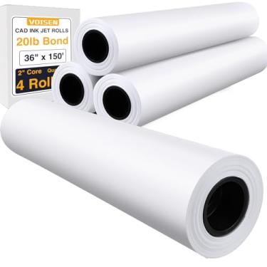 Imagem de VOISEN Papel de formato amplo, 4 rolos de papel plotter 91 cm x 30 m, rolos de ligação CAD, 9 kg, papel adesivo em núcleo de 5 cm para impressão CAD em impressoras jato de tinta de grande formato