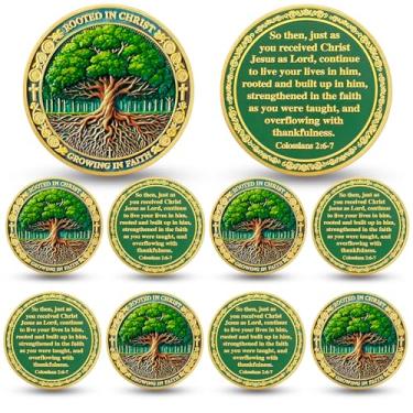 Imagem de 10 peças de moeda de desafio cristão árvore da fé - Colossenses 2:6-7 símbolo religioso de Jesus - enraizado em Cristo Deus bolso versículos da Bíblia Chip para estudo - Presentes comemorativos de boa