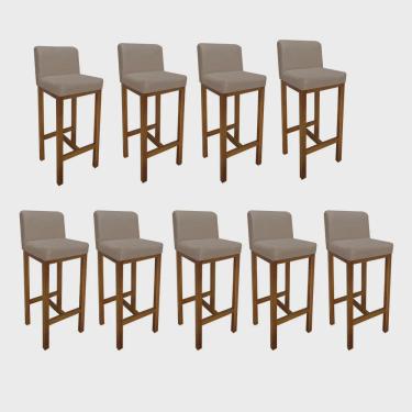 Imagem de Kit 09 Banqueta Alta Com Encosto Aila Cozinha Balcão Bistrô Base Madeira Castanho Corino Bege - Ahz Móveis