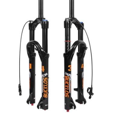 Imagem de BUCKLOS Garfo de suspensão pneumática BTT de viagem de 26/27,5/73.7 cm de 140 mm, ajuste de rebote, fixadores de 34 mm, 3,5 cm, sem rosca, reta/afunilada, 9 x 100 mm, QR manual/bloqueio remoto XC AM