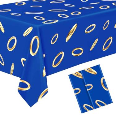 Imagem de Oudain 2 peças de toalha de mesa de plástico azul com estampa de anel de ouro, 272 x 137 cm, capa de mesa de tinsel de desenho animado para videogames, decoração de festa com tema de aniversário