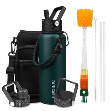 Imagem de YONICOER Garrafa de água isolada de 1,134 g, aço inoxidável a vácuo de parede tripla (lavável na lava-louças), à prova de vazamento e não BPA, jarro com alça de paracord e tampas de bico de palha