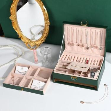 Imagem de Maleta Porta-Joias 2 Níveis com Gaveta Estojo Luxo Verde Organizador -