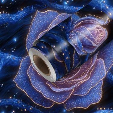 Imagem de HOMETITUTE Papel de parede Galaxy Blue Rose e Star Papel de parede de contato com papel de parede 45 cm x 300 cm Revestimento de parede de vinil removível autoadesivo para quarto cozinha banheiro