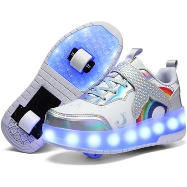Imagem de RESLIDE Tênis esportivo com rodas para meninos e meninas, crianças, skates, luz LED, recarregável, para iniciantes, melhor presente, Prata 816, 13 Little Kid