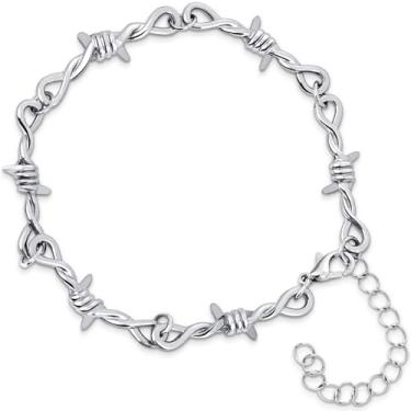 Imagem de LuxGoth Pulseira de corrente de elos cubanos finos de aço inoxidável com espinhos de arame farpado gótico, punk rock, motociclista, vintage, viking, amêndoas, joia para homens e mulheres, prata
