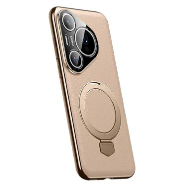 Imagem de HAOMRIYL Capa de couro para Huawei Pura 80 Ultra/80 Pro +/80 Pro/80, anel magnético, suporte ajustável, capa protetora de lente completa, à prova de choque, dourado, 80