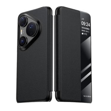 Imagem de HAOMRIYL Capa de couro genuíno para Huawei Pura 80 Ultra/80 Pro +/80 Pro/80, janela de visão clara, capa de proteção fólio, tudo incluído, à prova de choque, preta, 80