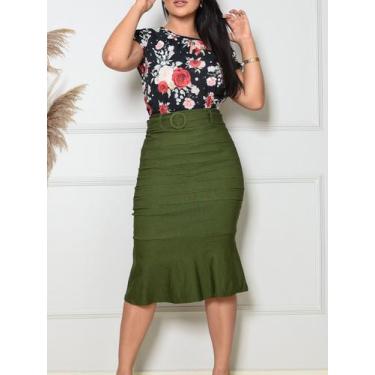 Imagem de Saia Midi Social Cintura Alta Estilo Sereia - Maria Li Modas, Verde, G