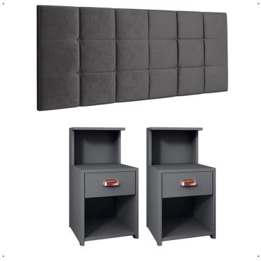 Imagem de Kit Quarto 2 Mesas Cléo Gaveta Nicho Prateleira Retrô Cabeceira Modulada Bia Suede Cama Box Casal Queen 1,6 Cinza - RPM