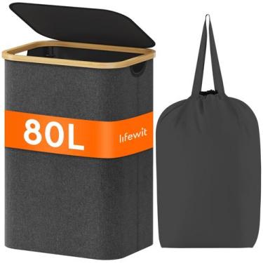 Imagem de Cesto de roupa suja Lifewit 80L com tampa, alças de bambu, cinza escur