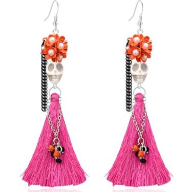 Imagem de JNONL Brincos de pingente de flor de esqueleto exclusivos feitos à mão com pingente de cristal brilhante e pingente de caveira para mulheres, Large, Metal, Sem pedra preciosa