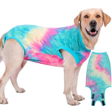 Imagem de Uadonile Traje de recuperação de cirurgia para cães masculinos e femininos, macacão cirúrgico alternativo castrado com cone neutro, roxo tie-dye (verde tie-dye, 3GG (costas 64 cm, peito 71 a 81 cm)