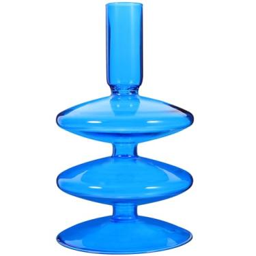 Imagem de Castiçal de vidro retrô castiçal de vidro transparente castiçal castiçal castiçal pilar vaso suporte de vela decoração centro de mesa para casa de casamento - azul (cor: marrom) (cor: azul