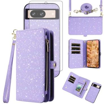 Imagem de Asuwish Capa de celular para Google Pixel 8 5G Carteira magnética destacável com protetor de tela de vidro temperado e compartimento para cartão com glitter, suporte para celular, acessórios Pixel8
