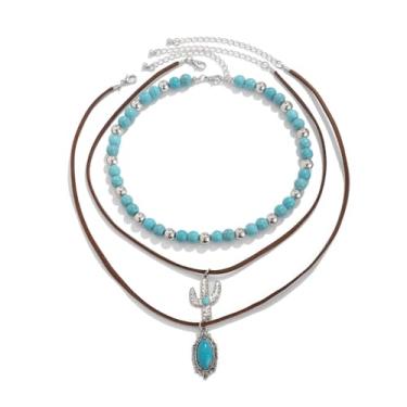 Imagem de Colares ocidentais em camadas para mulheres, vintage, turquesa, miçangas, joias ocidentais para mulheres, corrente cruzada, cacto com cabeça de boi, colares de corrente cruzada, concerto, acessórios