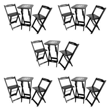 Imagem de Kit 5 Conjuntos Bistrô Mesa Com 2 Banquetas Dobráveis De Madeira Personalizada Hei - Preta