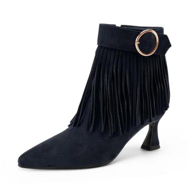 Imagem de Perisis Botas femininas com franjas, salto gatinho, preto, bico fino, camurça, cano curto, com zíper lateral, Azul marinho, 38