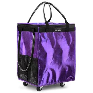 Imagem de (Médio, roxo) Bolsa de compras reutilizável com 4 rodas, bolsa dobrável com rodinhas para carrinho de compras de até 30 kg, bolsa de rodinhas com 3 alças, bolsa com zíper e rodinhas para lavanderia