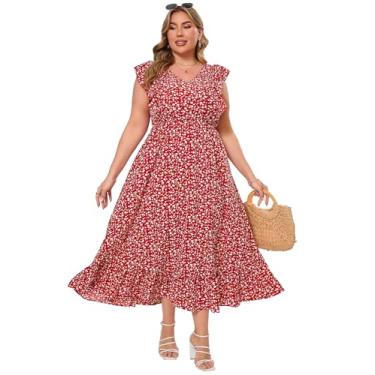 Imagem de KOJOOIN Vestido feminino plus size de verão com bolso com babados, sem mangas, decote em V, fenda lateral, vestido longo de praia, Floral vermelho, 3G