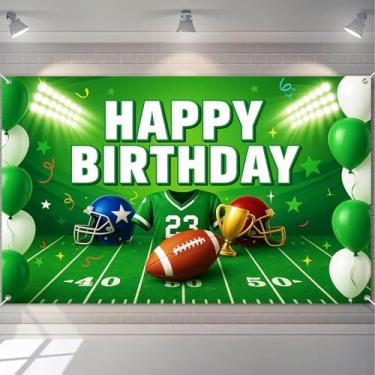 Imagem de HOMETITUTE Faixa vintage feliz aniversário capacetes de futebol verde jersey balões troféu estádio campo feriado evento decoração faixa de aniversário festa interior exterior fundo 180 x 109 cm