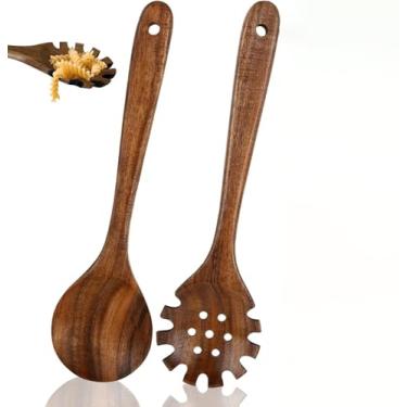 Imagem de Conjunto de utensílios de massa de madeira de 2 peças, garfo de macarrão e concha de macarrão, adequado para cozinha italiana doméstica e servir macarrão, ideal para uso diário