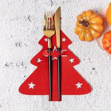 Imagem de Conjunto de 12 peças de porta-talheres de Natal, saco de utensílios de feltro com detalhes em estrela para garfo e colher, decoração de mesa festiva, vermelho