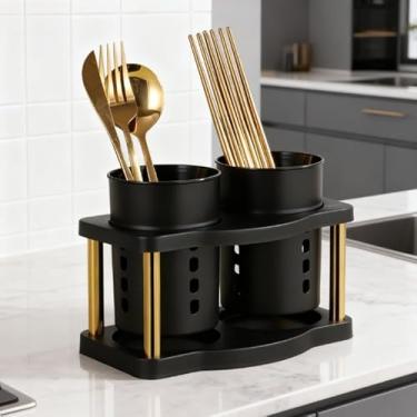 Imagem de Porta-pauzinhos e colher de drenagem de tubo duplo – Organizador de utensílios ventilado oco com grande abertura e acabamento fosco (preto)
