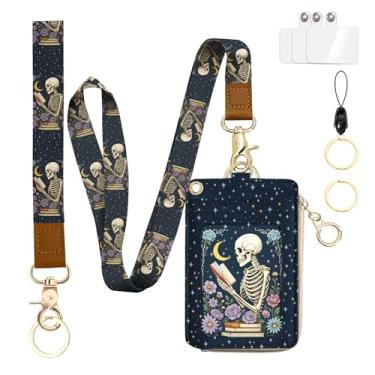 Imagem de bolimoss Porta-crachá de livro de caveira, carteira de couro RFID, chaveiro de esqueleto gótico, capa protetora de nome com bolsa com zíper, cordão de pulso e pescoço, porta-cartão de identificação
