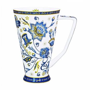 Imagem de LanHong Caneca de café alta Caneca de osso China - Caneca de café e chá de grande capacidade de 500 ml com padrão floral - Presentes de aniversário e Natal para mulheres homens amigos (azul)