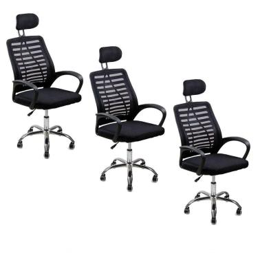 Imagem de Kit 3 Cadeiras Escritório Diretor Tela Mesh Com Encosto De Cabeça Preto
