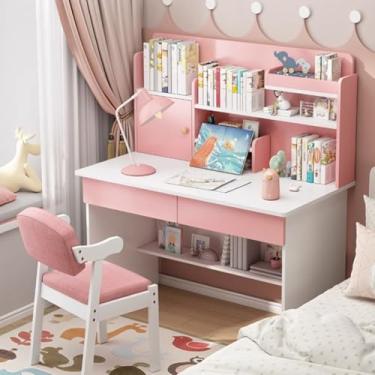 Imagem de Mesa de estudo infantil, mesa de computador de madeira com gavetas e armário, grande Strorge mesa de estudo para estudantes, estação de trabalho para uso doméstico, rosa, 100 cm