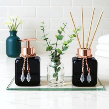 Imagem de Kit Lavabo Banheiro Luxo com Aromatizador, Saboneteira 300ml, Vaso Decorativo e Bandeja Moderna(Preto com Rose)