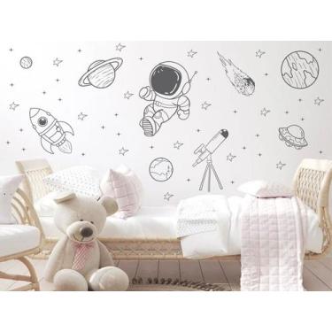 Imagem de Adesivo de Parede Astronauta Planetas Foguete Luneta Cinza saturno júp