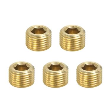Imagem de PATIKIL Plugue de tubo macho BSP de 1/20.3 cm, soquete de rosca hexagonal interno, pacote com 5, conjunto de encaixe de plugue de tubo de latão sólido afundado para tanques de ar de tubulação
