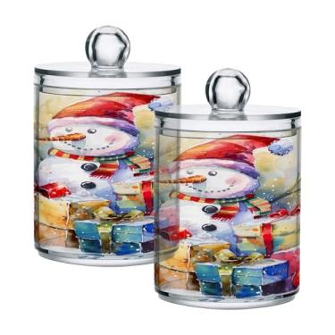 Imagem de xigua Pacote com 2 suportes para bonecos de neve de Natal para bolas de algodão, cotonete – Frasco de plástico de boticário transparente e versátil para armazenamento de maquiagem de banheiro